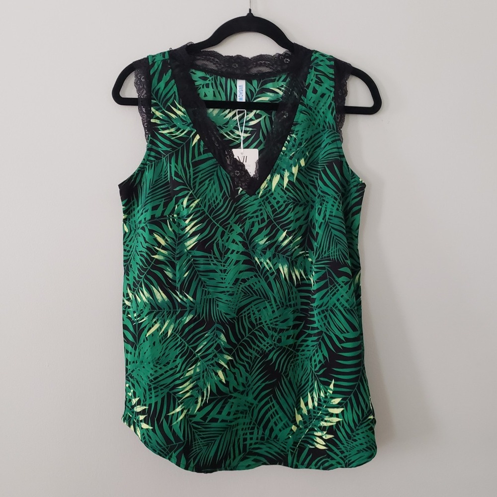 Tropical Palm Leaf Sleeveless Tunic Top SIZE S Lace Trim Resort Vacation Green